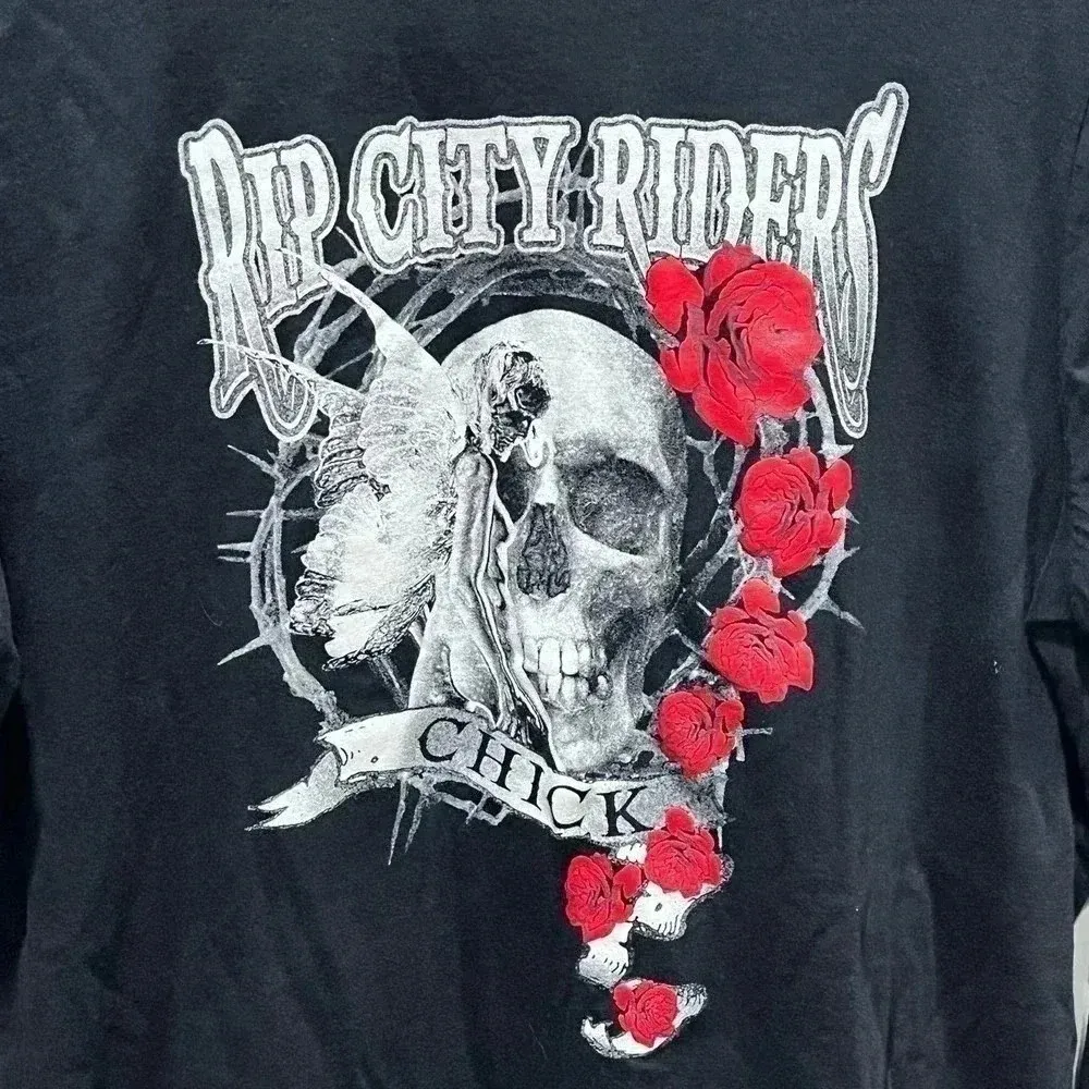 RIP City Riders Skull Roses Biker Shirt Chick Graphic‎ Bella Canvas Medium Black - Image 2
