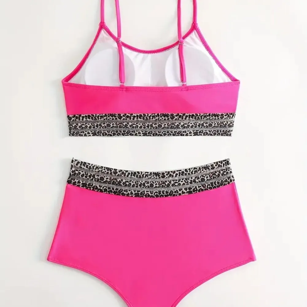 Magenta Mesh Leopard Print Bikini Sets High Waist Two Pieces Swimsuit Size M - Image 2