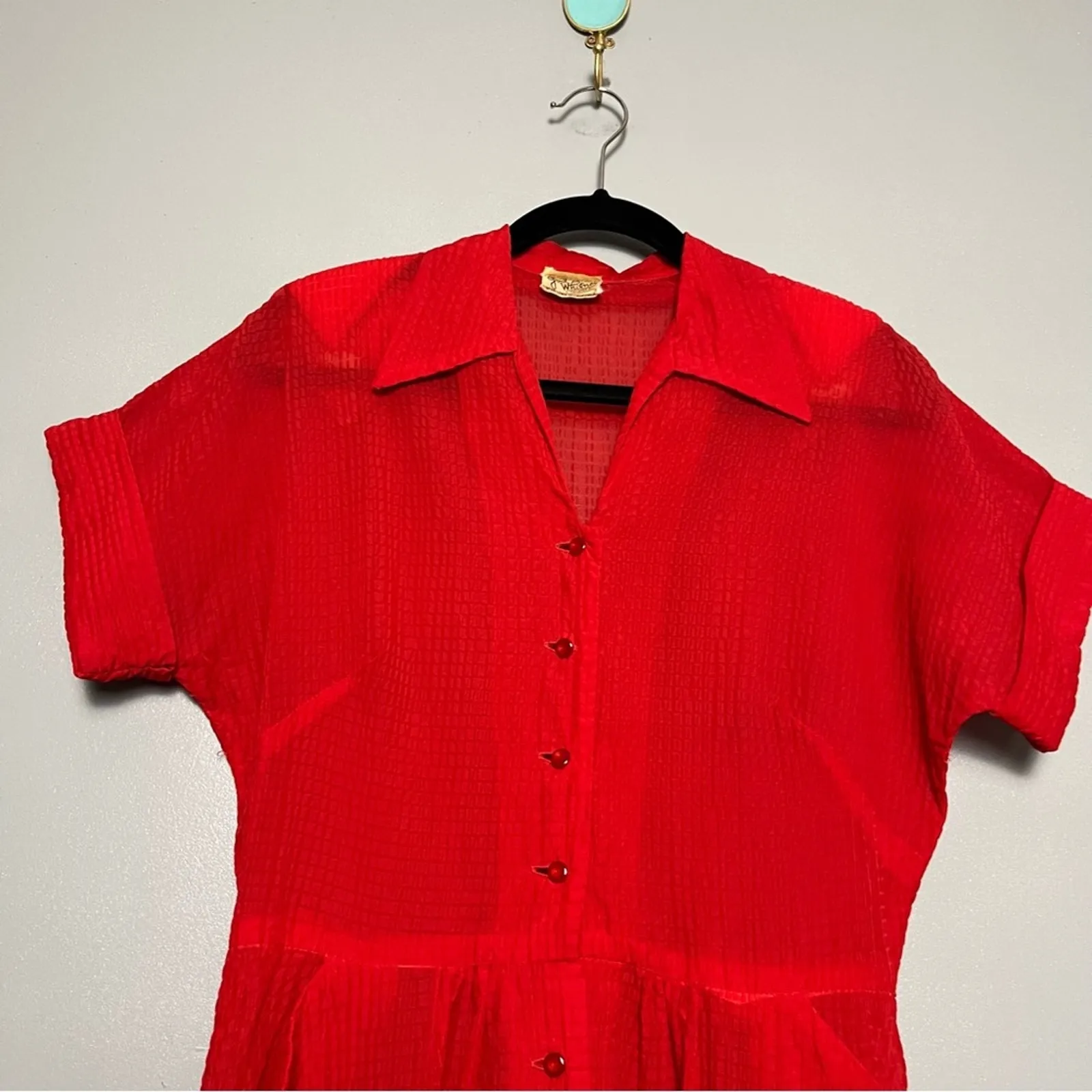 Vintage 1940s Gail Whitney Button Up Midi Dress Sheer Textured Cherry Red Size 6 - Image 3