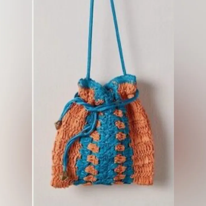 Free People Heatwave Crossbody Cinch Bag Woven Straw Turquoise Combo - Image 4