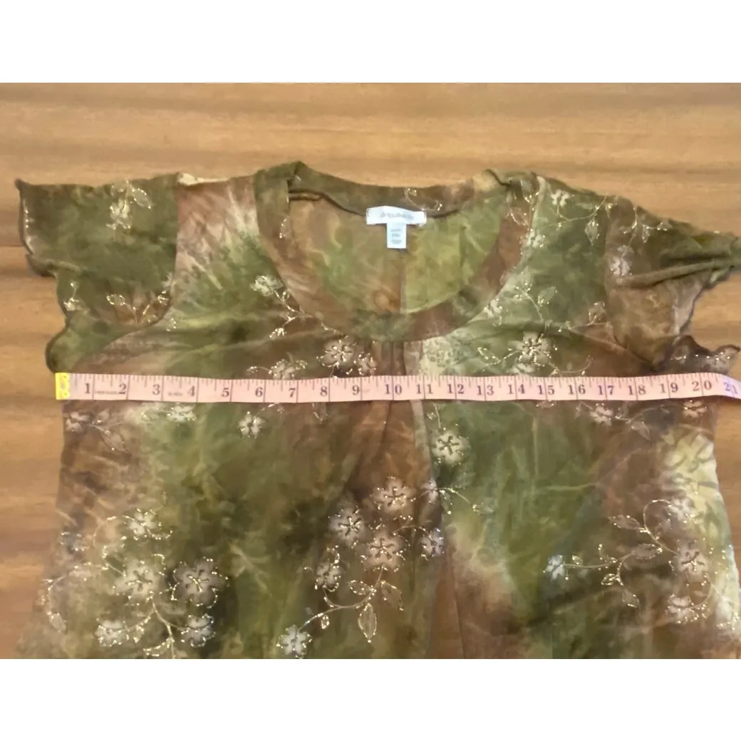 Y2K Gold Bling Brown Green Marbled Handkerchief Hem Flutter Sleeve PXL Blouse - Image 7