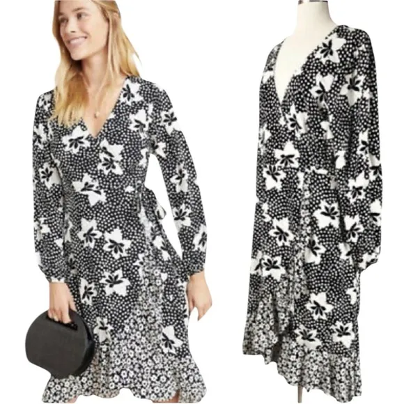 Anthropologie Porridge Amity Wrap Dress in Black and White Floral Polka Dot - Image 3