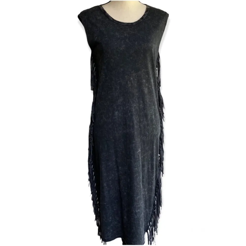 American Age Acid Wash Fringe Midi Dress Sleeveless Dark Gray Size Small - Image 11