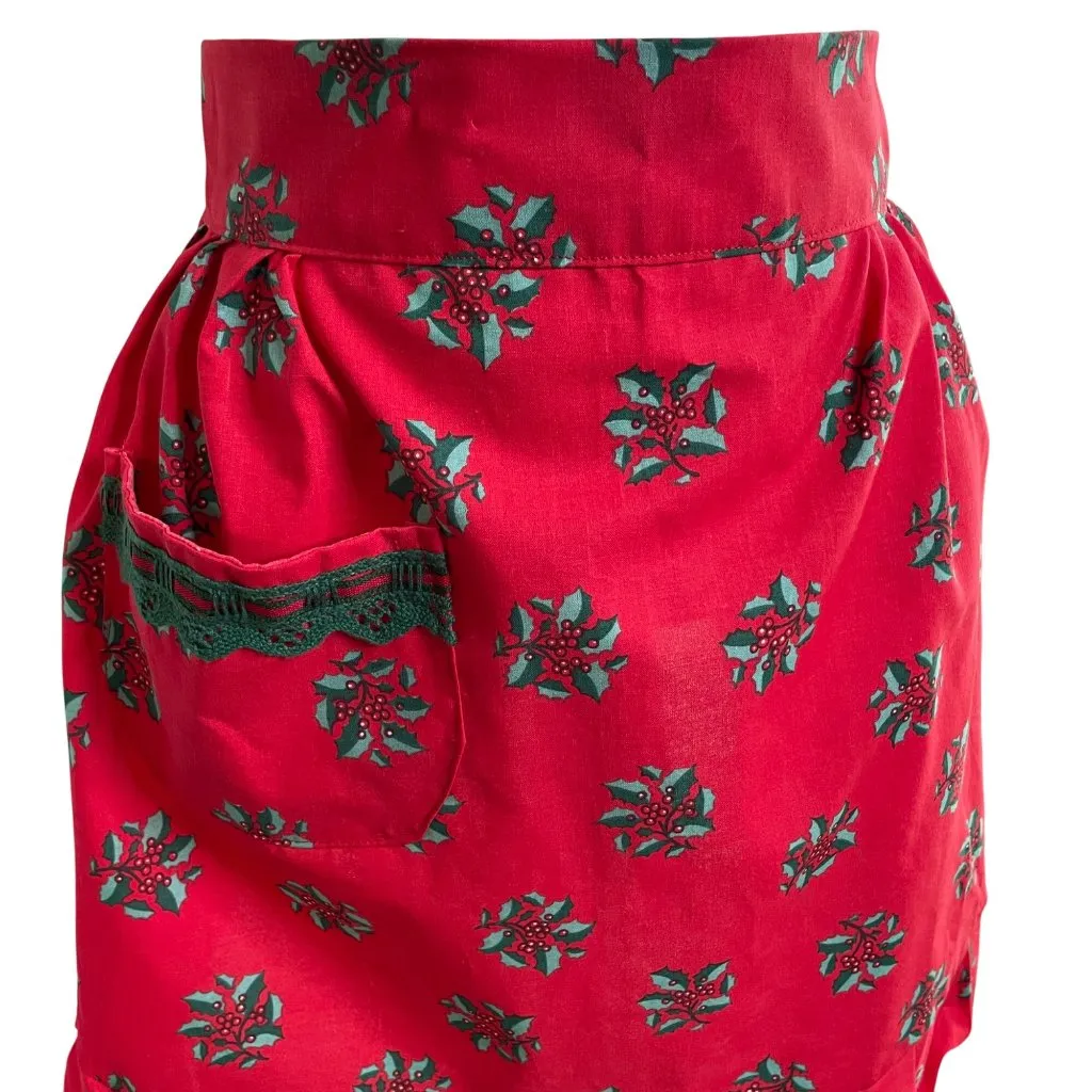 Handmade Red Half Apron Christmas Holly Print Green Lace Trim Ruffle Hem u Size M - Image 2