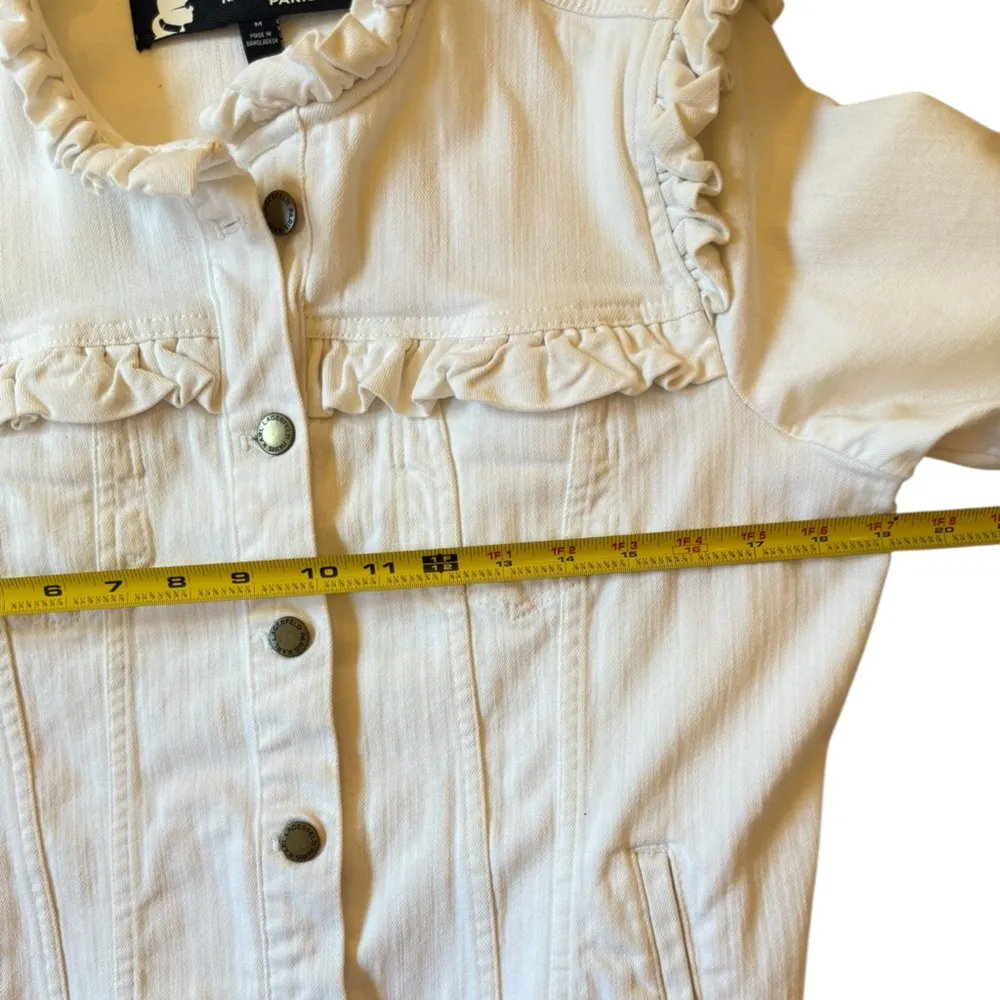 Karl Lagerfeld | White Denim Ruffle Cropped Jacket Medium - Image 9