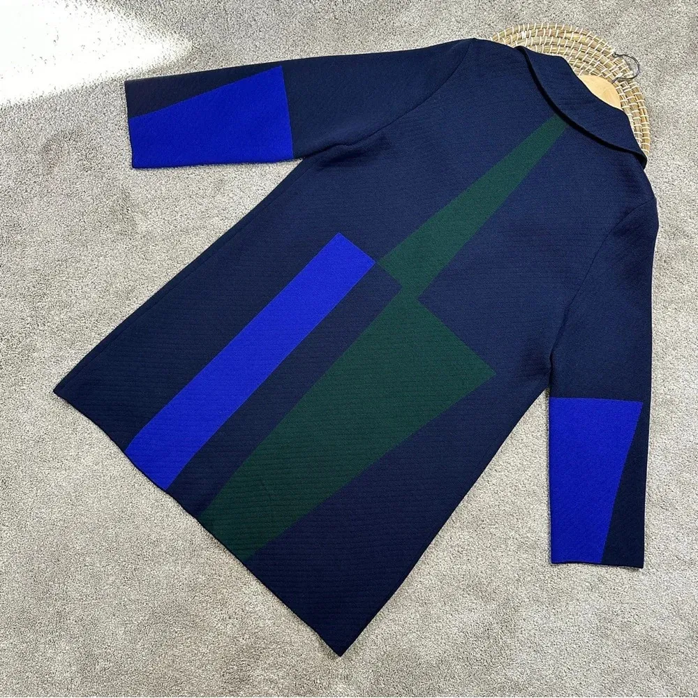 St. John 100% Wool Long Sweater Cardigan Blazer Colorblock in Navy Green L - Image 6