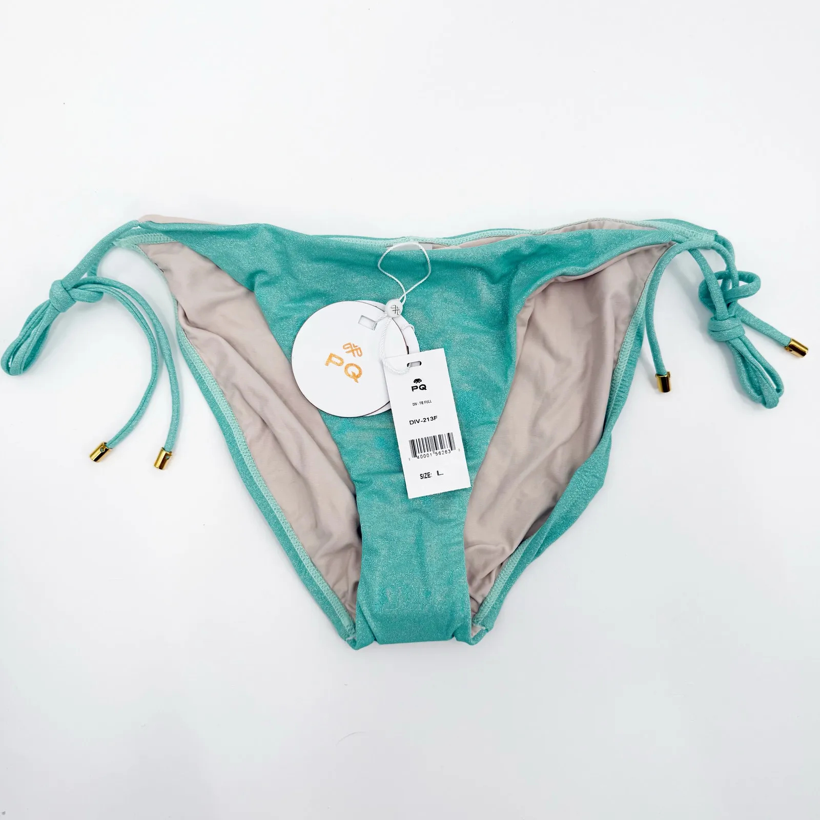 PQ SWIM PILYQ Bikini Bottoms SZ Large NWT Divine Tie Side Full Aqua Blue Shimmer - Image 3