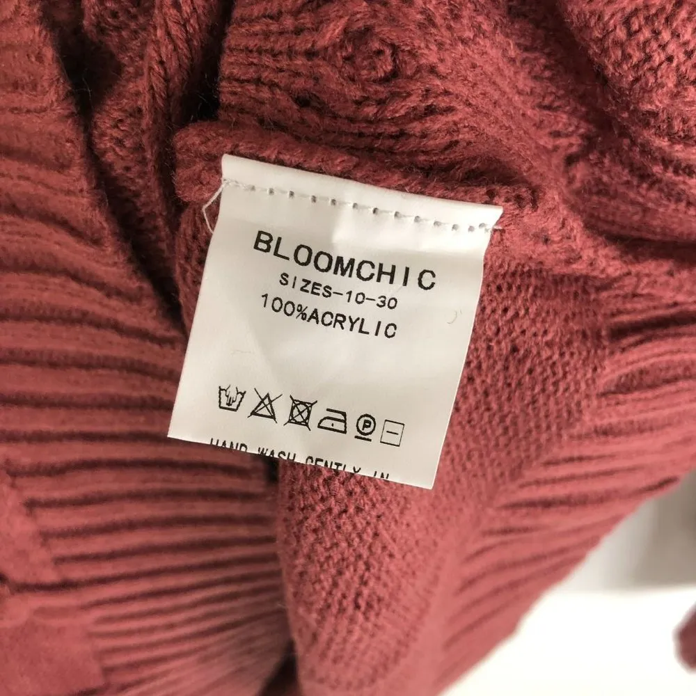 Bloomchic Pointelle Knit Round Neck Geometric Cable Knit Sweater Burgundy 12 - Image 9