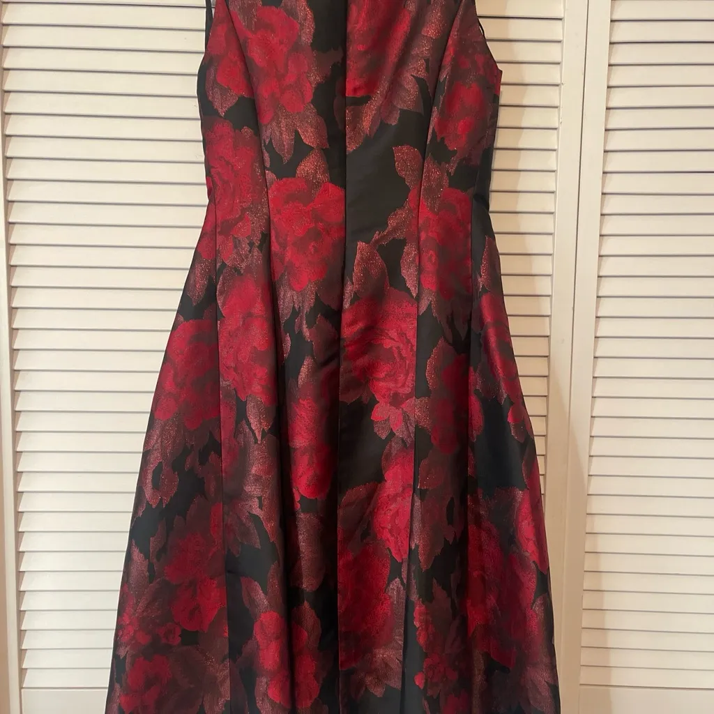 Tahari Arthur‎ S Levine Midi Fit & Flare Floral Sparkly Leaf Dress Sz 6 romantic Black - Image 3