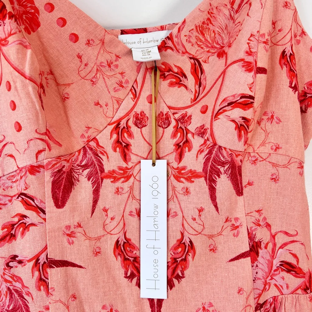 House‎ of Harlow 1960 Orange Floral Midi Dress Linen Blend Boho Chic Size Medium Pink - Image 8