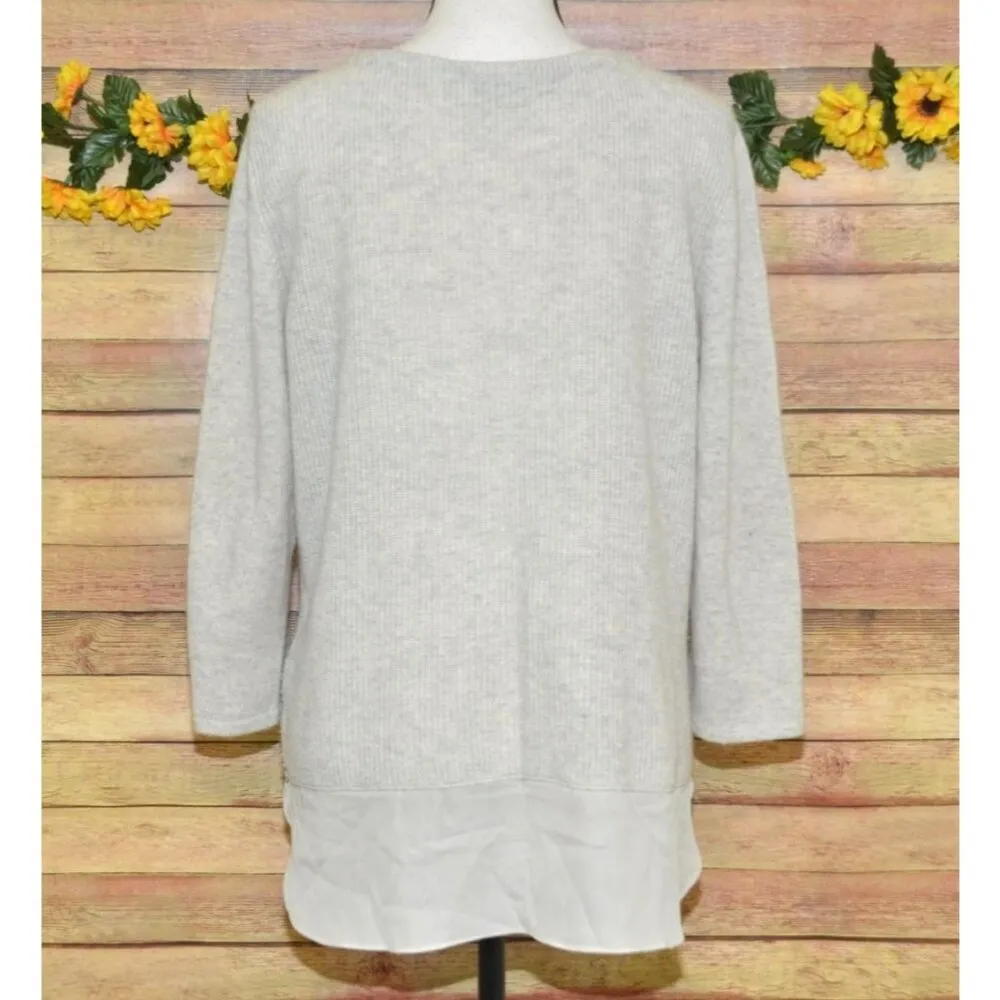 Neiman Marcus Cashmere Collection Neutral Beige Sweater Size L V-Neck Silk Hem - Image 6