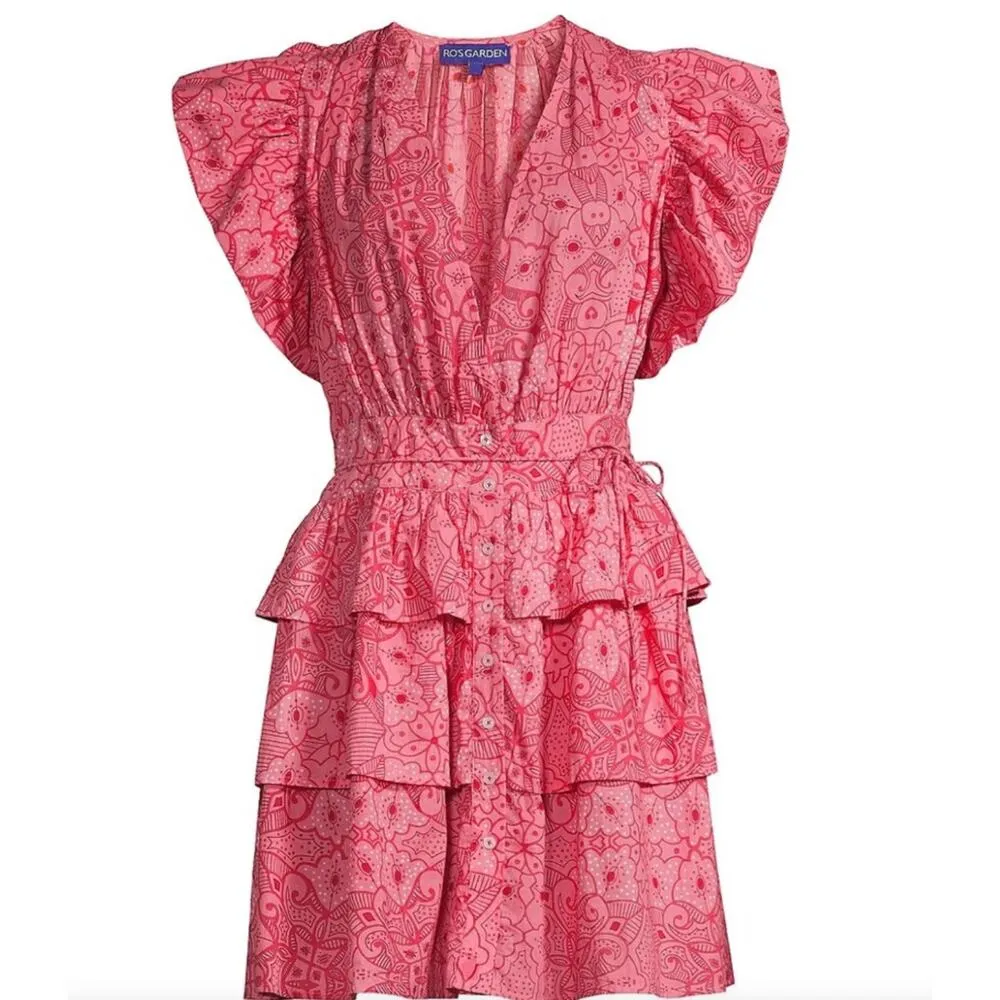 NWT Ro’s Garden Hunan Floral Mini Dress Size M Pink Flutter Sleeve V Neck Size M - Image 2