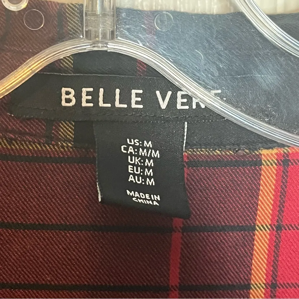 Belle Vere Sz M Plaid Frayed High Low Button Up Top Studded Waist Red Black - Image 4