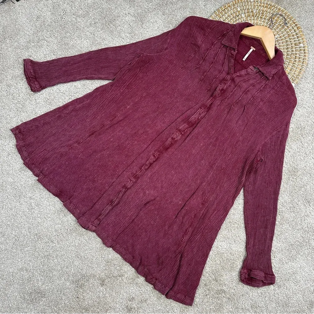 Free People Crinkle Spin Me Tunic Shirt Dress Longsleeve Button Front in Red XS - Image 4