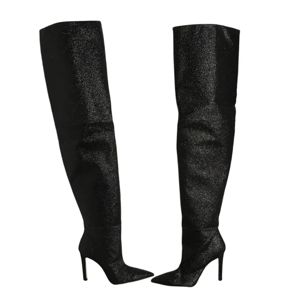 Good American Boots Women Sz 4 Blck Glitter Thigh‎ Kardashian GA173G-X $349 NIB - Image 3