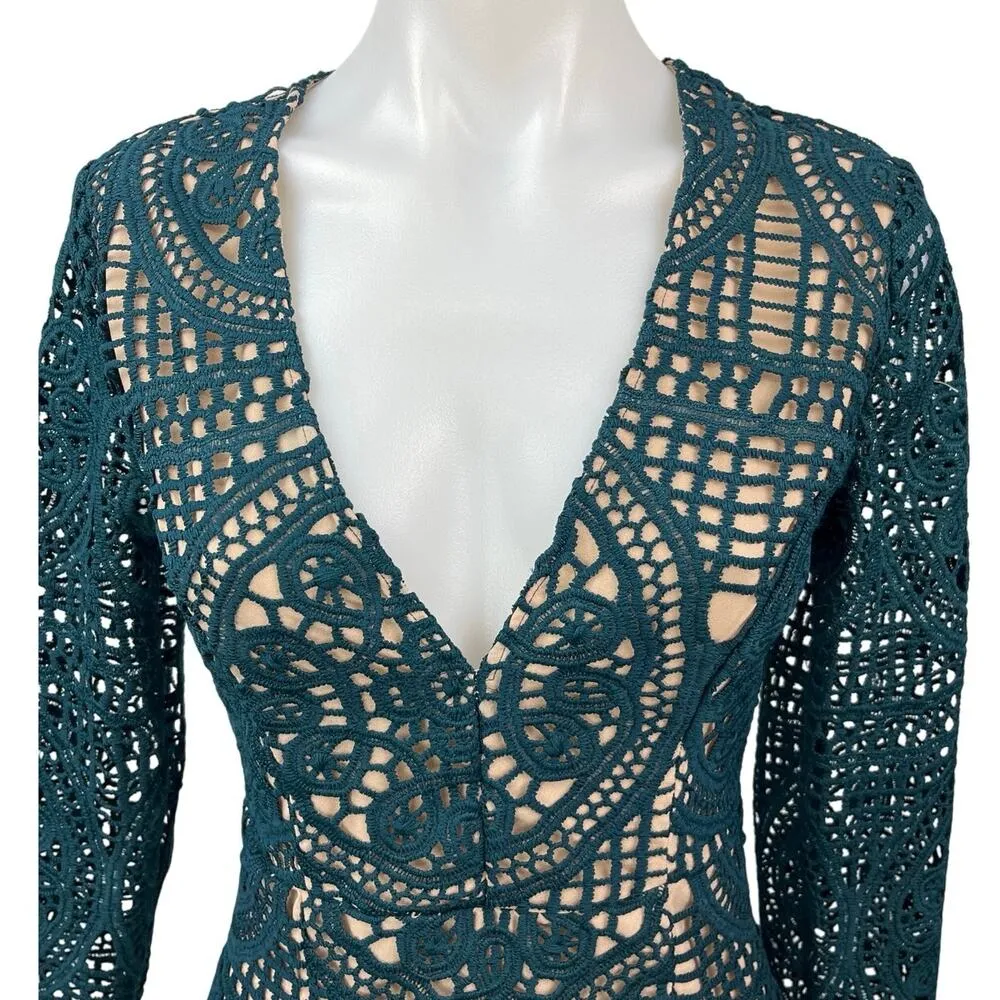 Do+Be Green Nude Crochet Knitted V-neck Party Cocktail Mini Bodycon Dress Size S - Image 3