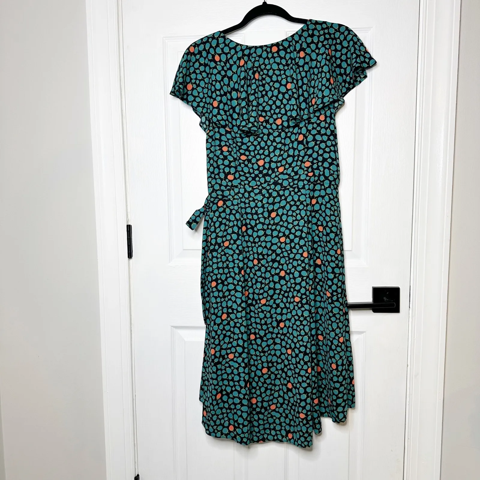 HD in Paris Anthro Teal Blue & Orange Print V Neck Midi Dress Size 10 Wrap Tie - Image 8