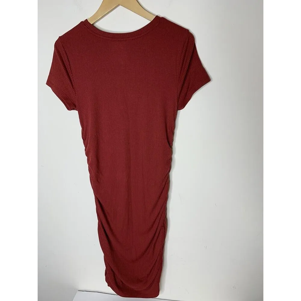 SO Womens Size Large Dress Body Contour Gathered Sides Rust Orange Knit Midi - Image 4