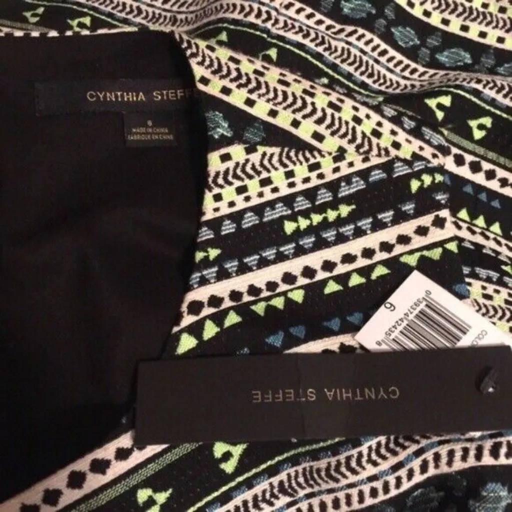 Cynthia Steffe Dress 6 Neon Green Black Mini Shift Tribal Print Exposed Zip New - Image 7