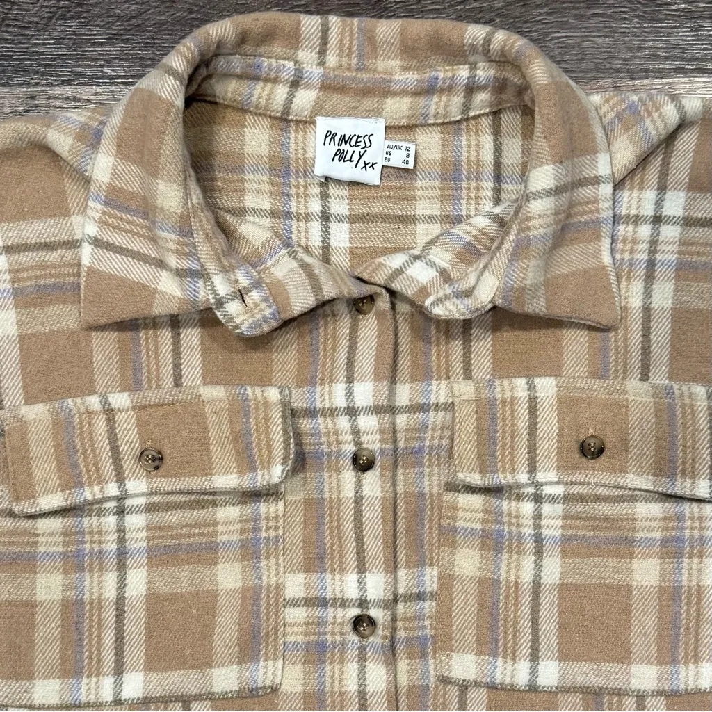 Princess Polly Flannel Plaid Tan Shacket Button Down Fall Size 8 - Image 2
