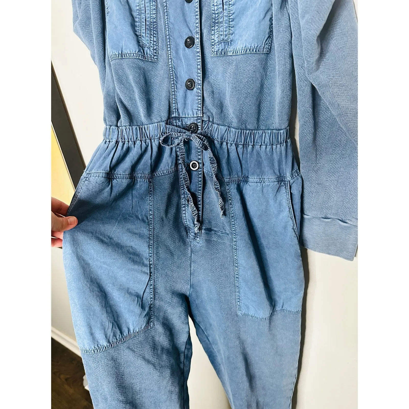 ULLA JOHNSON Blue Fleece Jersey Cotton Sadie Puff Shoulder Jumpsuit Size Medium - Image 11