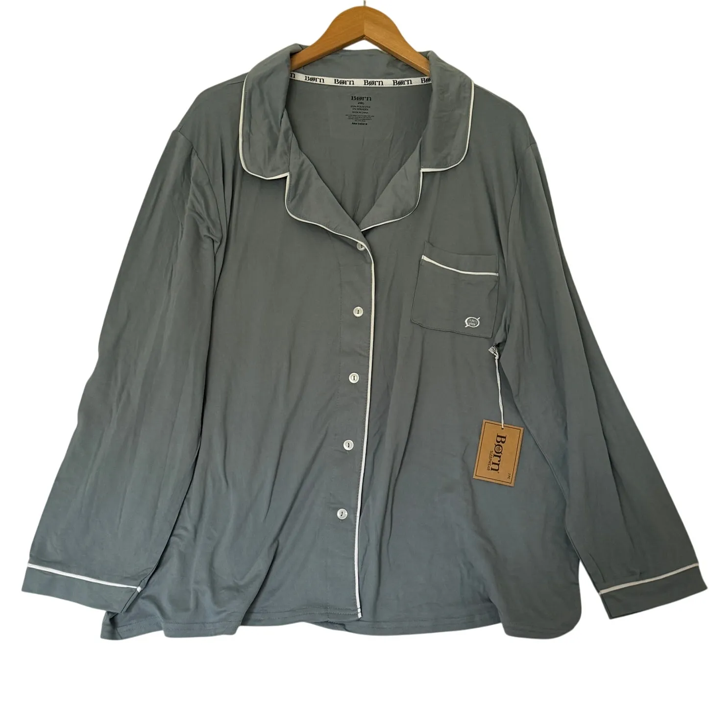 Born‎ Notch Collar Gray Blue Pajama Set Sz 2XL White Piping Detail Comfy Soft - Image 4