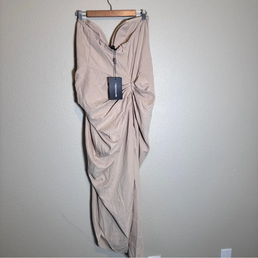 Pretty Little Thing Strapless Ruched Bodycon Midi Dress Womens 12 Tan Baddie NWT - Image 3