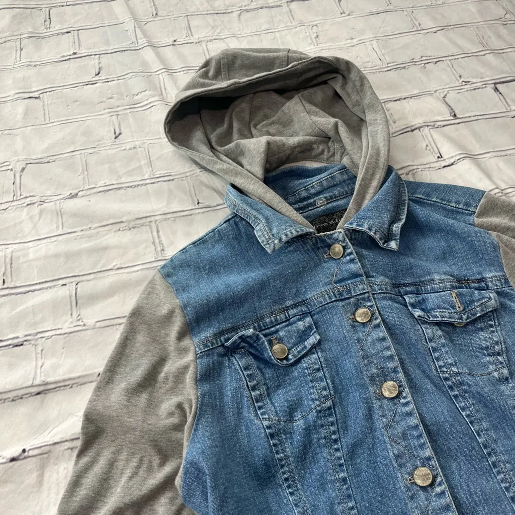 Vintage Live a Little Denim Hoodie Jean Jacket Women’s XL Gray Knit Sleeves Blue - Image 9