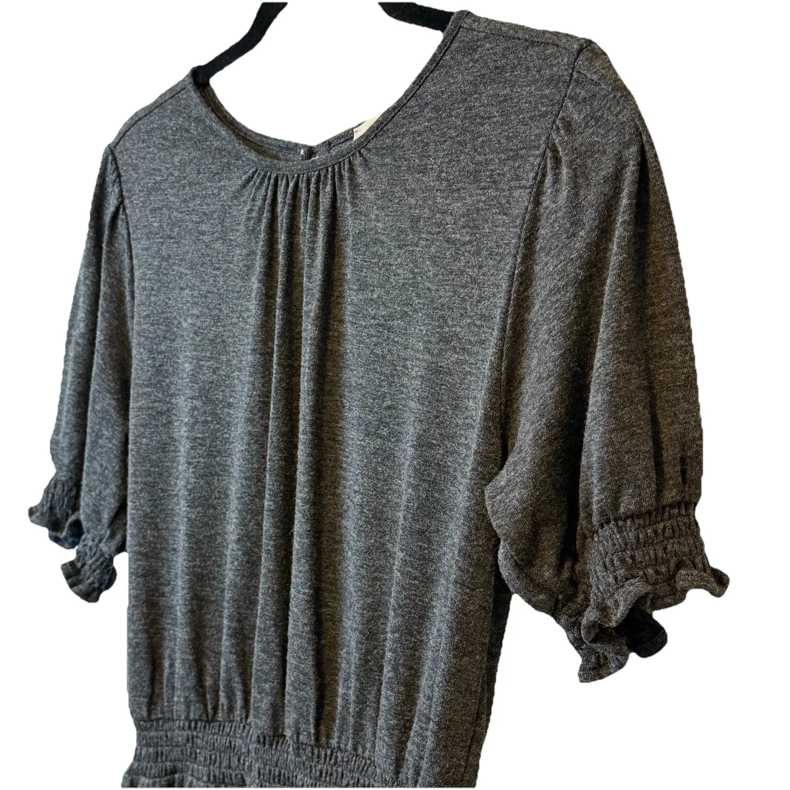 LOFT Smoked Dress Gray Elastic Waist Sz S Short Sleeve Knee Length Trendy Cozy # - Image 4