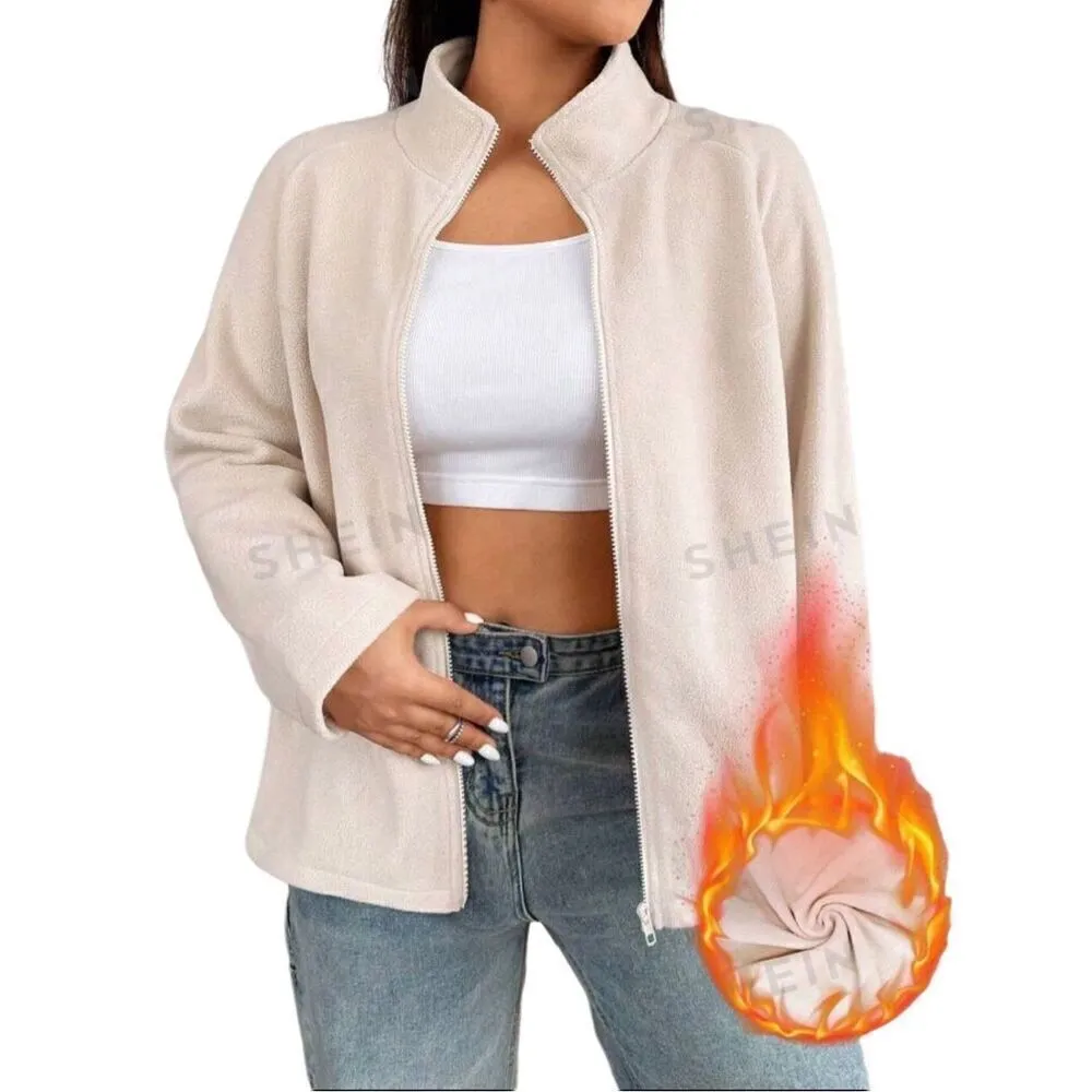 SHEIN EZwear Solid Cream Color Long Sleeve Stand Collar Full Zip Fleece Jacket S - Image 2