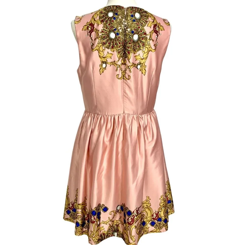 Joe Fresh Fit & Flare Pink Satin Cocktail Dress Size 8 Gold Blue Baroque Design - Image 7