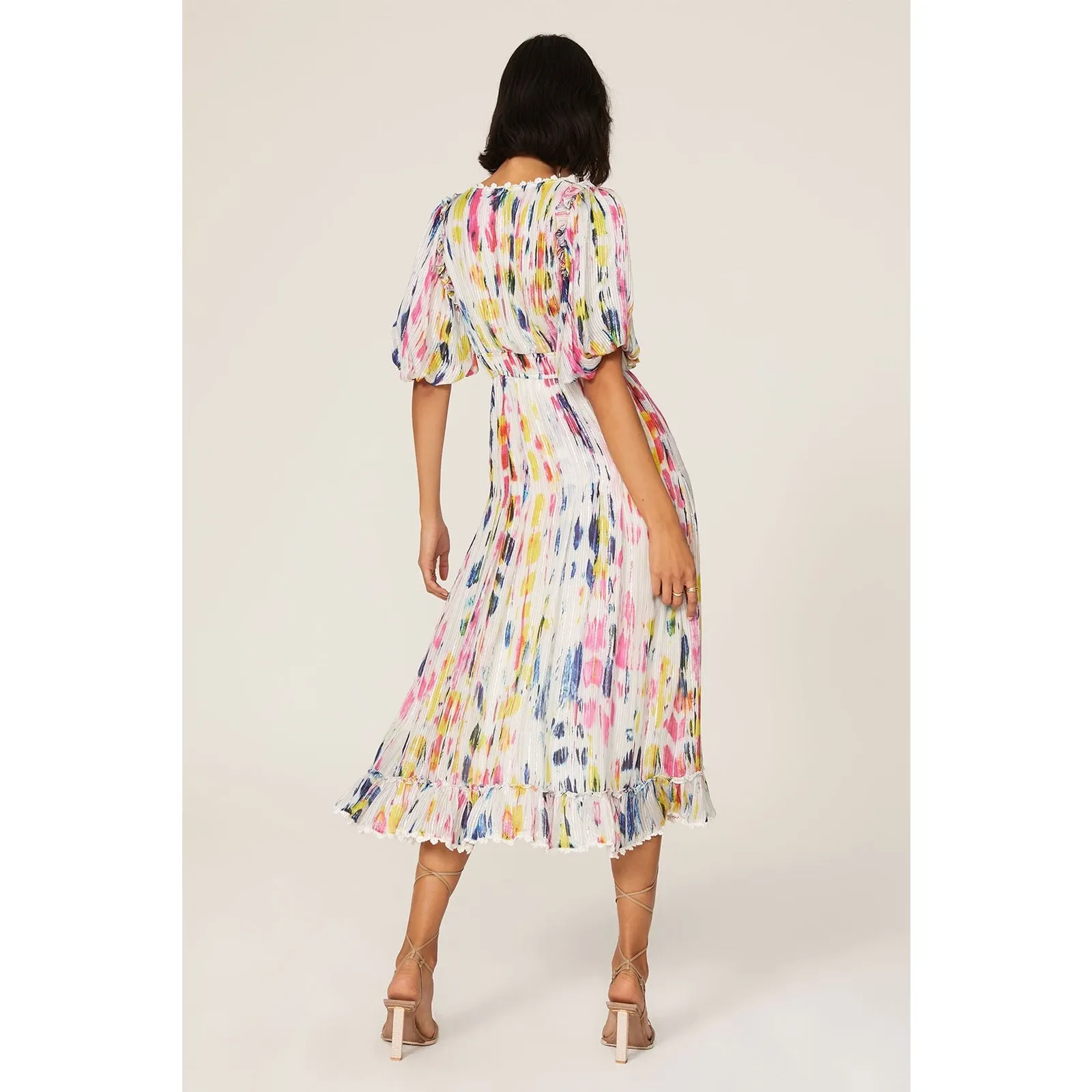 Hemant & Nandita Jorah Multicolor Tie Dye Print V-Neck Puff Sleeve Midi Dress XS - Image 3