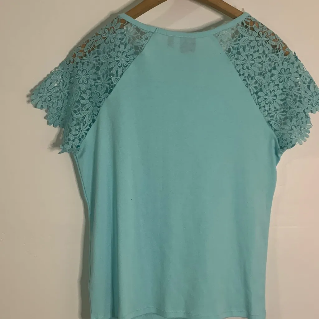 Women's Light Blue Lace Sleeve Top - Image 9