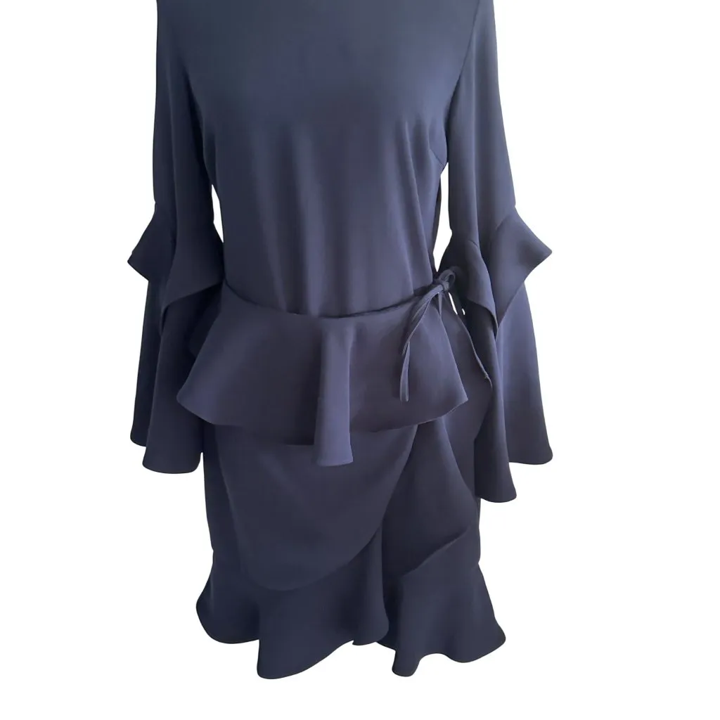 REBECCA VALLANCE Navy Ruffle Long Sleeve Dress Size US 6 Blue - Image 5