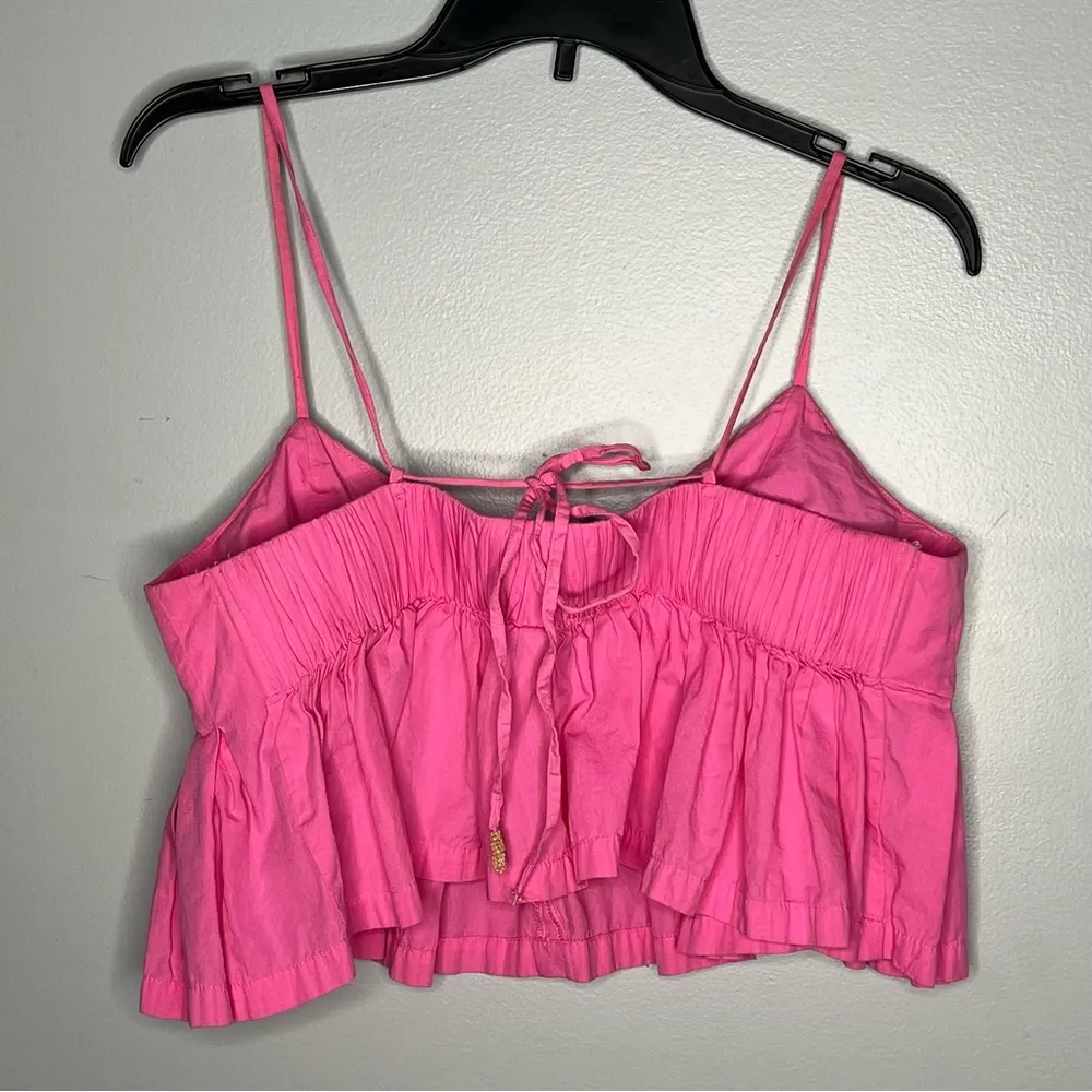 Free People Y2K Pink Ruffle Crop Top Sweetheart Bubble Hem Tie Back Sweet Size L - Image 5