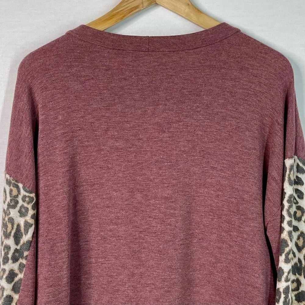 NWT First Love Brushed Fleece Leopard Patchwork Long Sleeve (Burgundy) - Large - Image 4