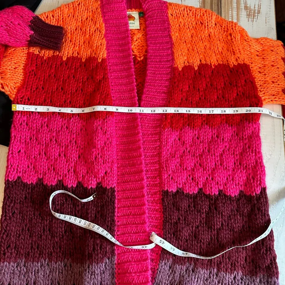 FARM RIO Striped Oversized Cardigan Multicolor Knit Puff Sleeve size XS Crochet - Image 10