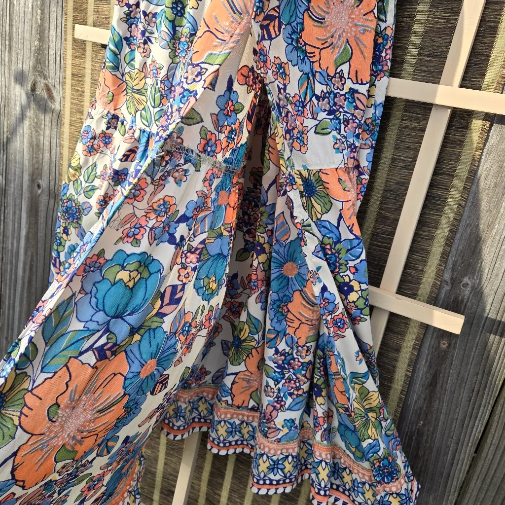 Angie Floral Maxi Tiered Dress in Blue and Cream S - Image 8