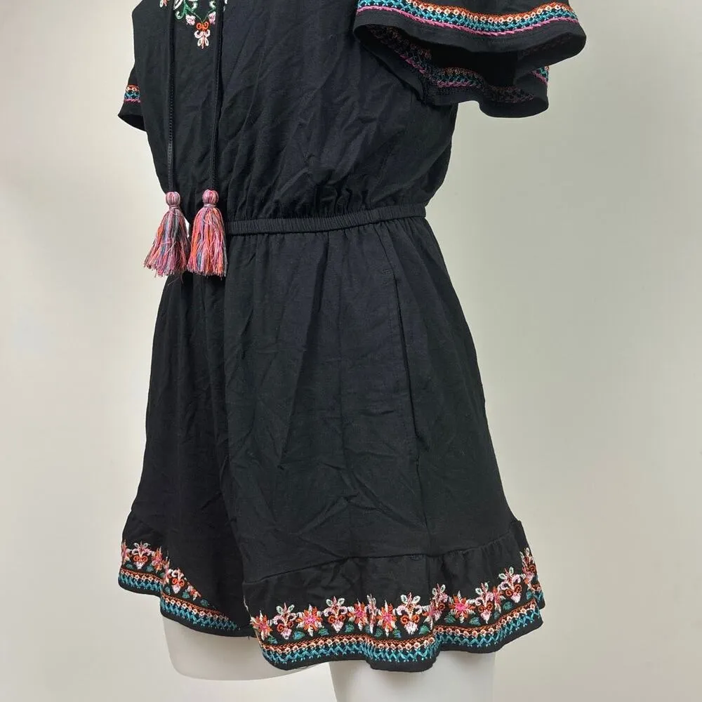 American Eagle Black Floral Print Embroidered Boho Cold Shoulder Ruffle Romper - Image 6