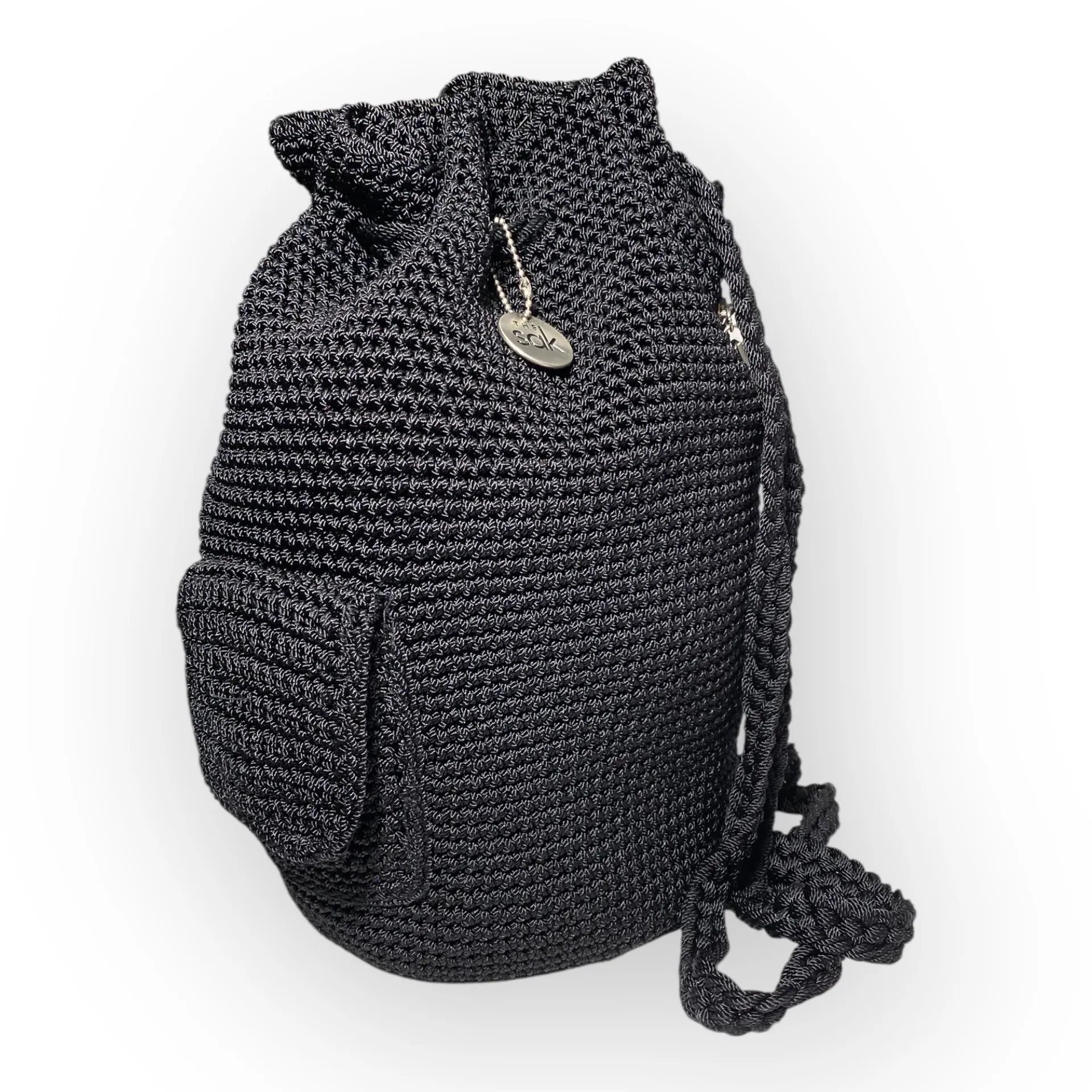 The Sak Bucket Bag Backpack Black Crochet Knit Drawstring Boho Chic Woven - Image 2