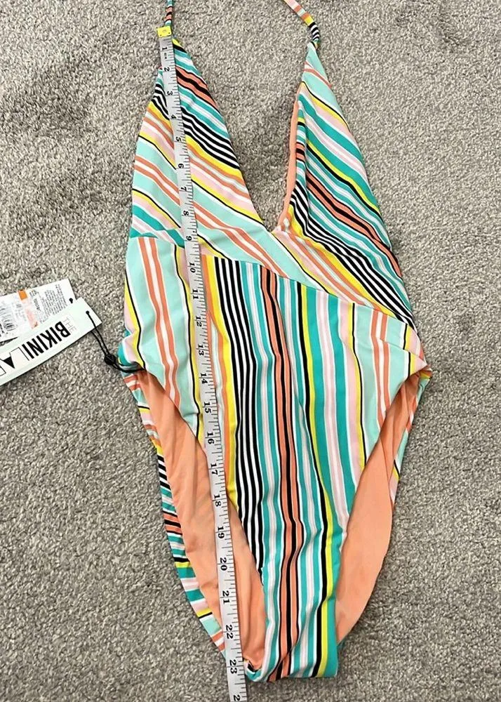 New Bikini Lab Small Blue, Orange Asymmetrical Plunge Halter One Piece Swim Suit - Image 10