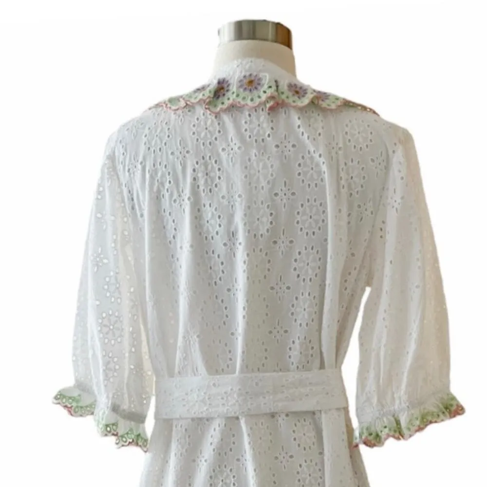 ROLLER RABBIT Luca Caftan Dress White Eyelet Embroidery Scalloped Floral Small - Image 3