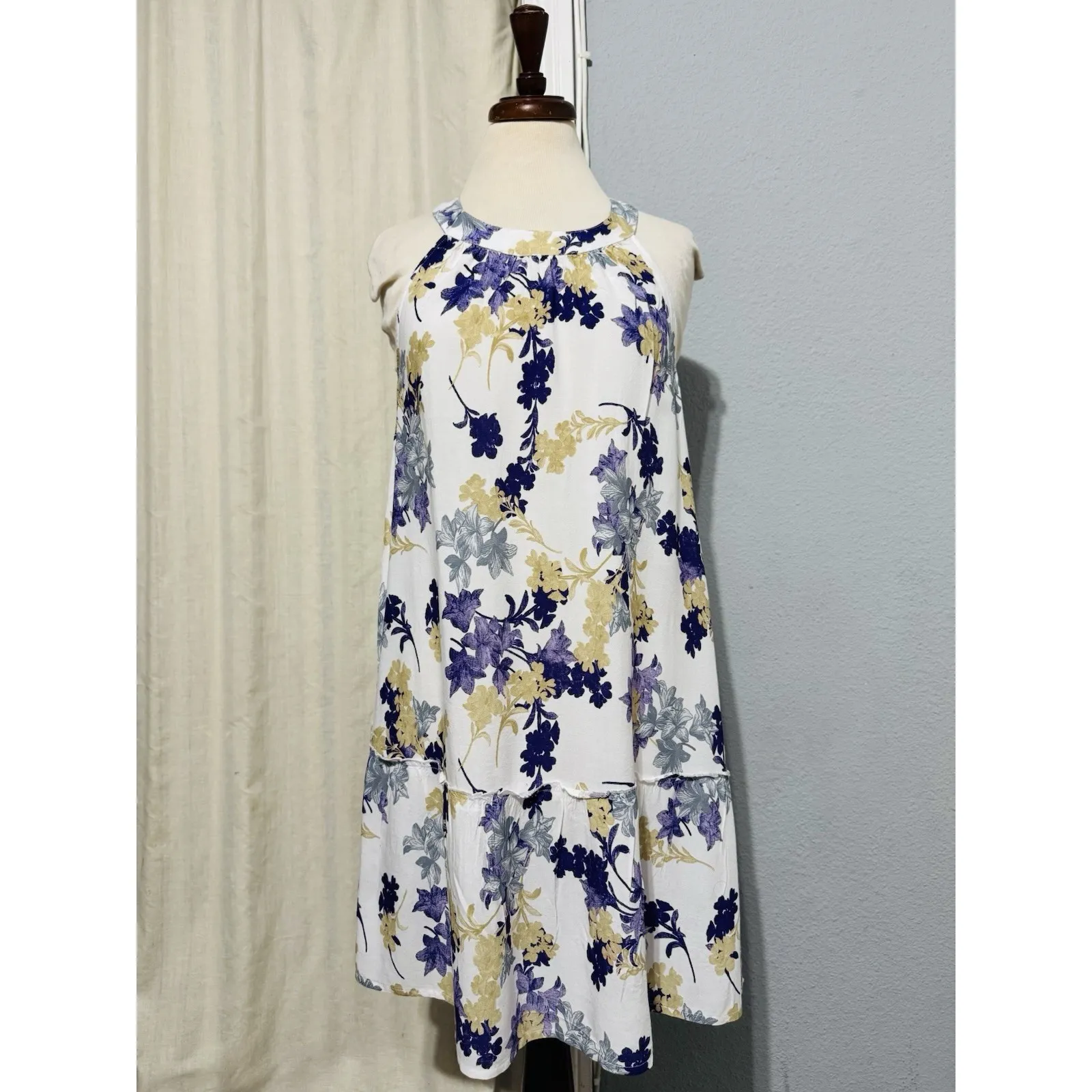 Vintage Millenium Women Halter Mini Sleeveless Sundress Purple Floral Back Tie L Size L - Image 3