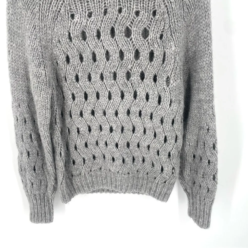 & OTHER STORIES Zig Zag Eyelet Gray Wool Alpaca Knitted Chunky Crewneck Sweater - Image 7