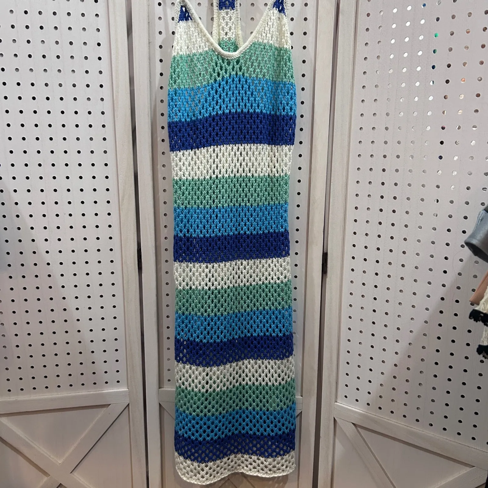 Venus Striped Crochet Dress Cover Up Blue Green White Racerback L XL Beach - Image 2