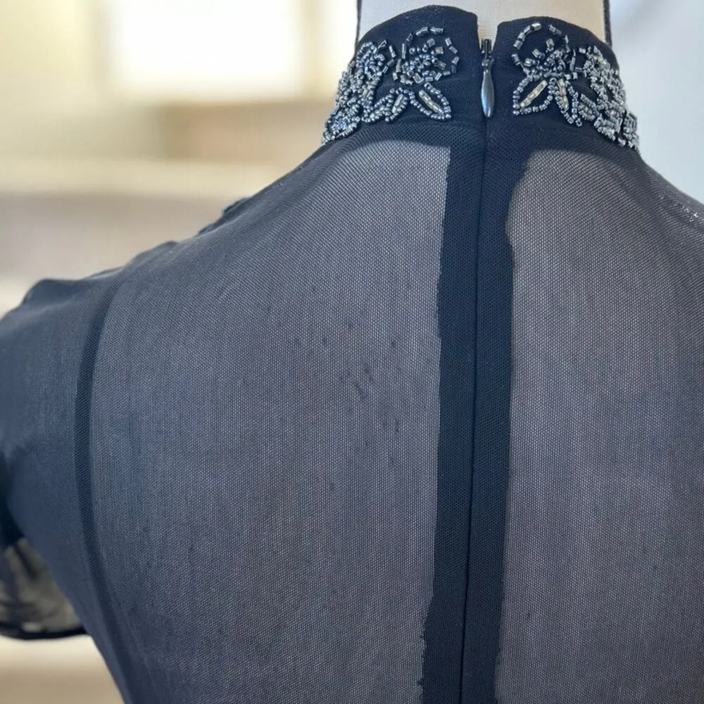 Vintage 90s Y2K Black Illusion Beaded Short Sleeve Mock Neck Column Gown Size 6P - Image 5