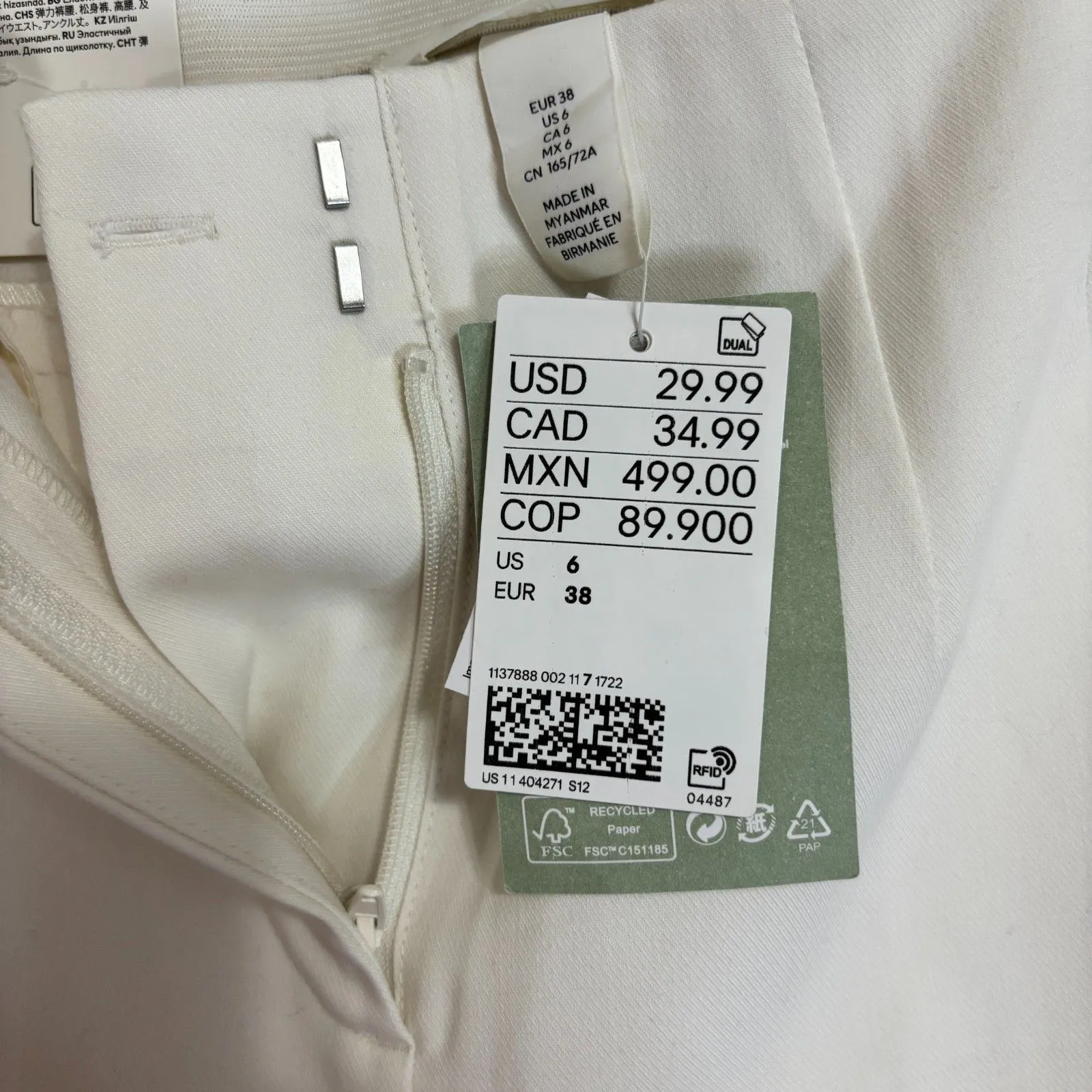 NWT H&M Pants Womens High Waisted Ankle Length Hidden Elastic Waist Ivory Sz 6 - Image 12