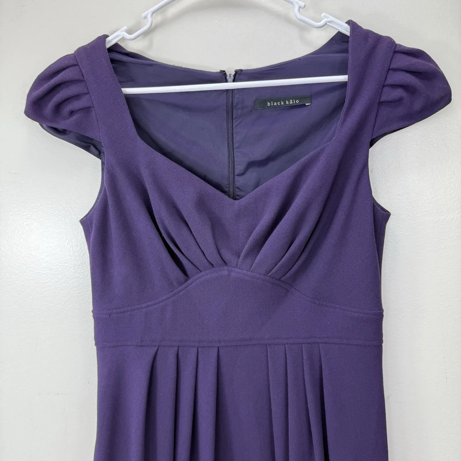 Black Halo Purple Cap Sleeve Empire‎ Pleated Dress Size 8 Pockets - Image 3