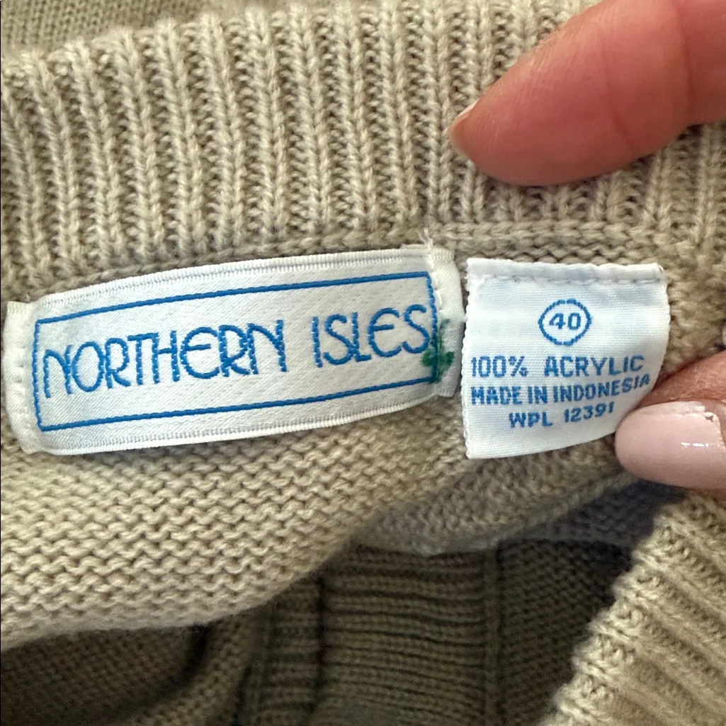 Vintage Northern Isles Tan Button Up Long Sleeve Knit Cardigan Sweater Size 40 - Image 3