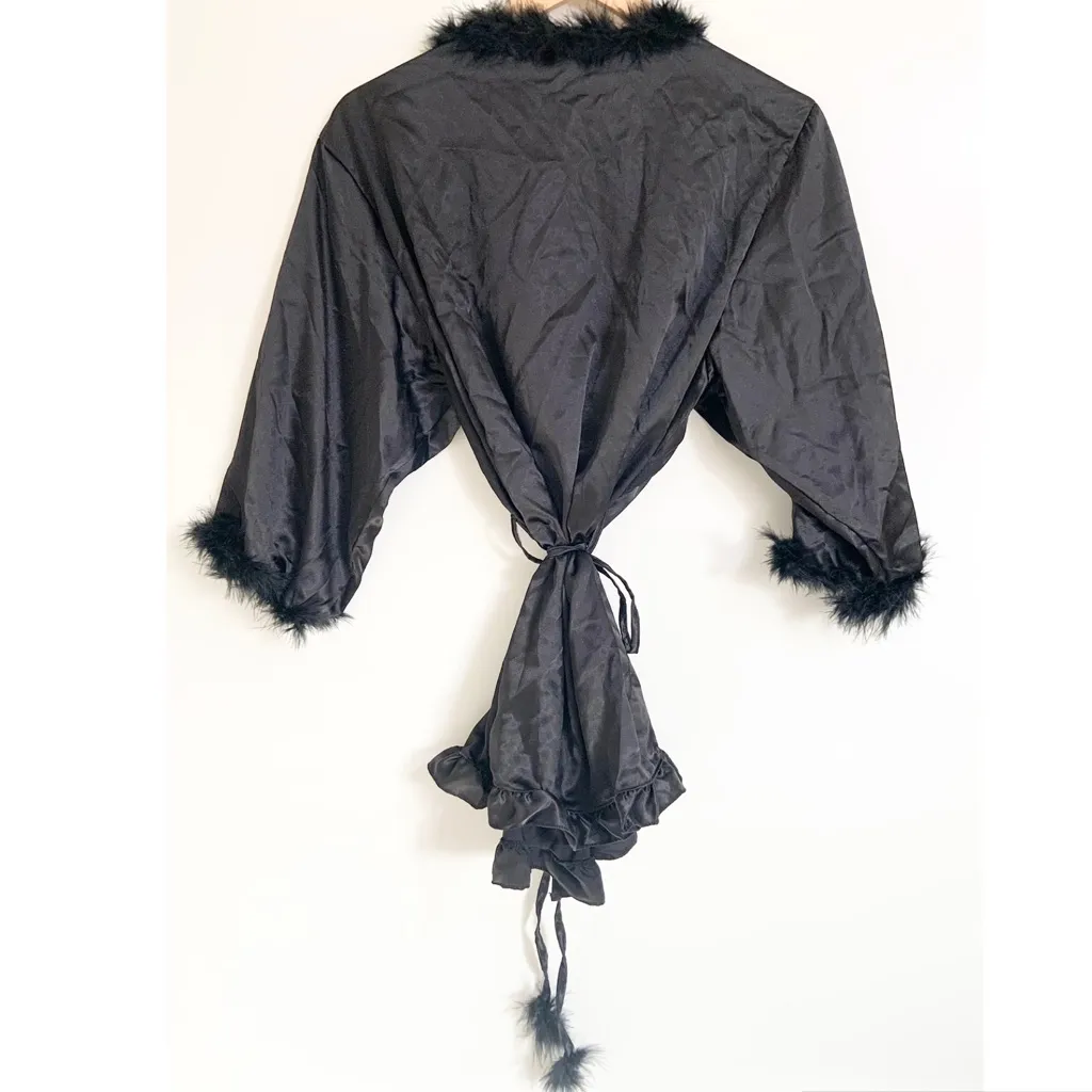 Seven Til Midnight Luxurious Black Satin Robe Ruffles Feather Trim Small NEW - Image 6